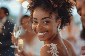 Beautiful Bride and Groom celebrating wedding at an evening wedding reception party. Smiling diverse wedding couple enjoying champagne surrounded by, Generative AI - obrazy, fototapety, plakaty