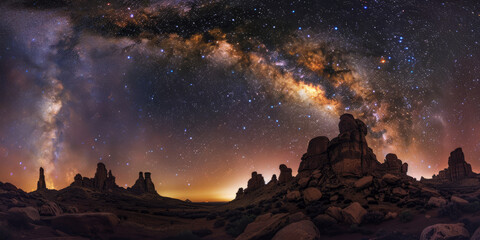 An awe-inspiring panoramic image depicting the milky way's radiant arch above a rugged desert terrain dotted with rocky formations