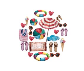 A round composition with objects for relaxing at sea, glasses, a ball, ice cream, a beach bag, slates, an inflatable circle. Watercolor illustration highlighted on a white background