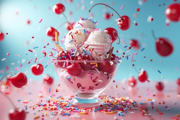 A sundae levitating with scoops of ice cream, topped with cherries and sprinkles