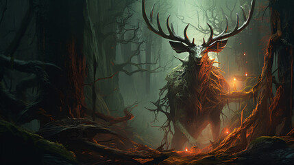 Fantasy elk creature hunted by evil goblin creatures - obrazy, fototapety, plakaty