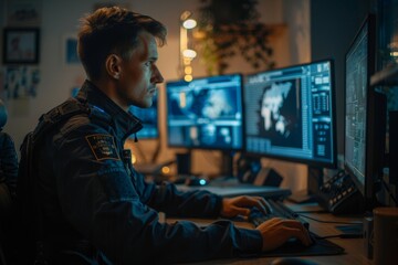 Side view of Policeman entering personal data of suspect into computer database while sitting in front of monitors in office, Generative AI - obrazy, fototapety, plakaty