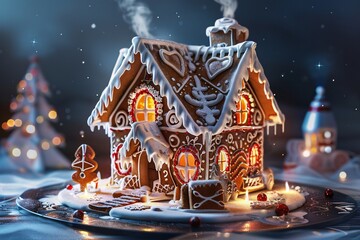 a gingerbread house with lights - obrazy, fototapety, plakaty