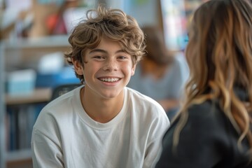 Smiling teenage boy talking with mental health professional while sitting on chair in school office, Generative AI - obrazy, fototapety, plakaty
