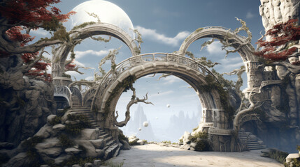 Fantasy bridge in the space. D rendering ..