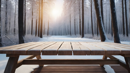an empty wooden table against the background of an empty winter forest. for poster , advertisement, presentation