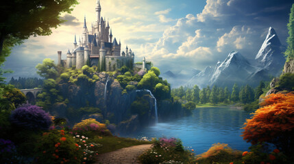 Fantasy castle landscape  digital illustration ..