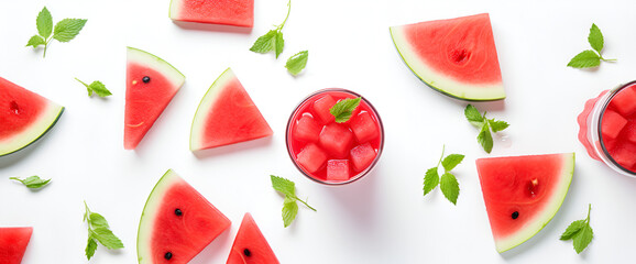 Collage of Water melon isolated on a white background   ,A glass of fresh watermelon juice on a wooden board    white background  ,
