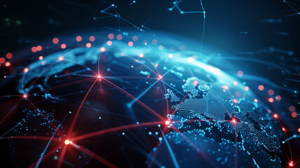 Obraz premium A red web encircling a blue globe depicts a global network of connections