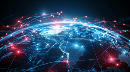 Obraz premium A red web encircling a blue globe depicts a global network of connections