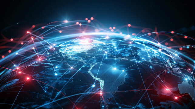 A red web encircling a blue globe depicts a global network of connections