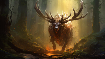 Fantasy elk creature hunted by evil goblin creatures i - obrazy, fototapety, plakaty