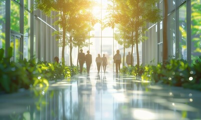 Blurred background of people walking in a modern office building with green trees and sunlight , eco friendly and ecological responsible business concept image with copy, Generative AI - obrazy, fototapety, plakaty