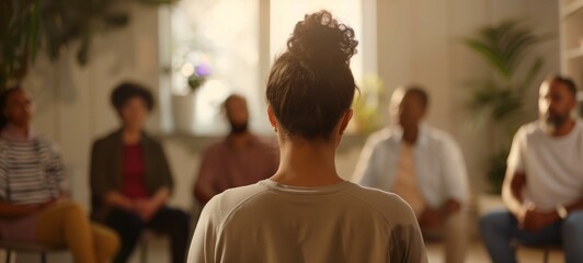Back view of a woman participating in a group therapy session, with other attendees in soft focus in the background. Supportive environment for sharing and listening within a community setting.