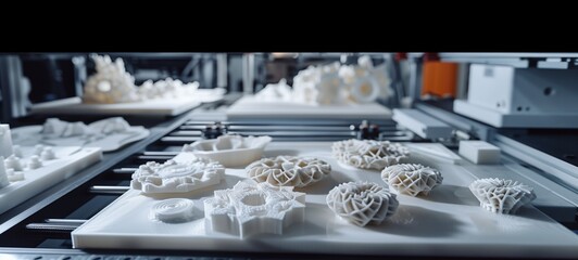 3D printer platform showcasing various intricate white models with complex designs. Precision and capabilities of 3D printing technology for detailed objects and prototypes.