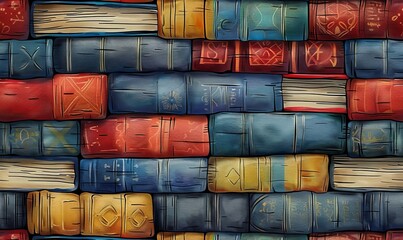 Seamless pattern background illustration made of colorful books like a bookcase, Generative AI - obrazy, fototapety, plakaty