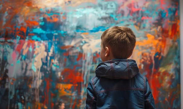 Unrecognizable child looking at modern art painting in a gallery, Generative AI