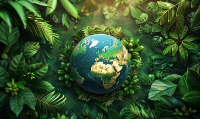 Obraz na płótnie Canvas Happy Earth Day illustration background with green plants and round earth in the middle to celebrate April 22 world earth day, Generative AI