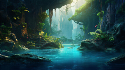 Fantasy hidden blue lagoon in the tropical forest digi - obrazy, fototapety, plakaty
