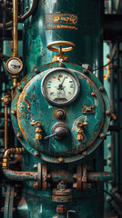 Fototapeta na wymiar Vintage industrial pressure gauge closeup - The closeup image showcases a vintage industrial pressure gauge with rust and retro details, evoking a sense of old-time engineering