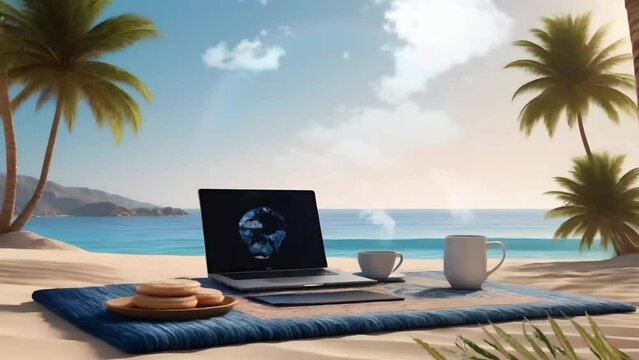 Outdoor picnic, breakfast with laptop on the beach. Seamless looping time-lapse 4k video animation background