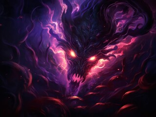 Obraz premium A demonic creature emerging from the depths, wreathed in purple flames, graphic design
