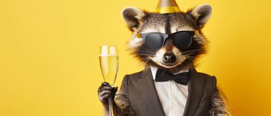 Cool raccoon in a party hat and sunglasses posing with a champagne glass against a mono-color background - obrazy, fototapety, plakaty
