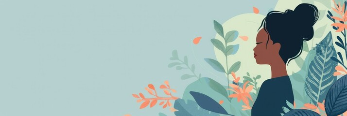 Woman with floral backdrop - A modern vector illustration of a woman blended with stylized floral elements and a serene color palette - obrazy, fototapety, plakaty
