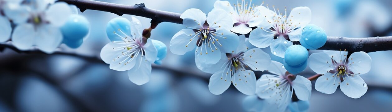Capture the delicate beauty of blue sakura blossoms in a closeup view focusing on the intricate details of each petal , Prime Lenses