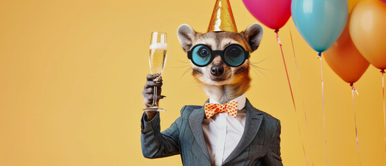 A formally dressed mouse raises a glass of champagne, amidst festive balloons and decorations