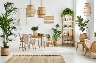 Scandinavian interior with white walls, wooden furniture and plants. A dining room decorated in the style of minimalism, featuring modern chairs around an elegant table