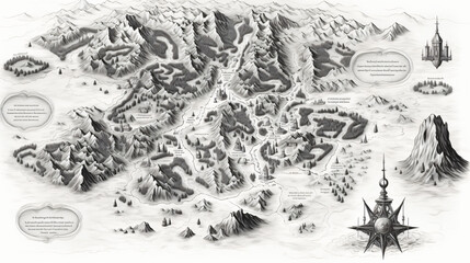 Fantasy map elements illustration drawing engraving