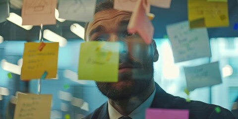 A man is looking at a wall covered in sticky notes