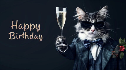 Image of an elegant cat with sunglasses, holding a champagne glass, and a rose boutonniere, celebrating a birthday - obrazy, fototapety, plakaty