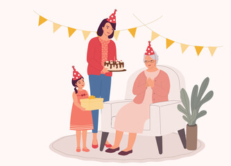 Smiling Grandma Celebrating Her Birthday With Her Daughter And Little Granddaughter. Full Length.