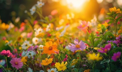 Flower field in sunlight, spring or summer garden background in closeup macro view or flowers meadow field in morning light, Generative AI