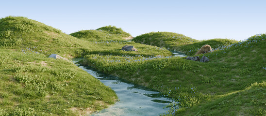 A calm river surrounded by lush greenery and wild flowers. 3D rendering.