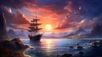 Gartenposter Fantasy Oil painting sunset sea landscape with ship © Jafger