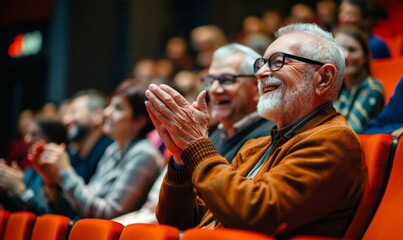 Man in a audience in a theater applauding clapping hands. cheering and sitting together and having fun, Generative AI - obrazy, fototapety, plakaty