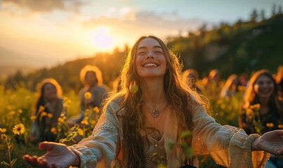 Young woman leading a group of people in laughter yoga session on a mountaintop at sunrise, their laughter echoes through the serene landscape as they, Generative AI - obrazy, fototapety, plakaty