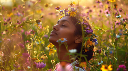 female model wearing a flower crown, surrounded by a field of wildflowers