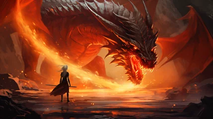 Foto op Plexiglas Fantasy scene showing the girl fighting the fire drago © Jafger