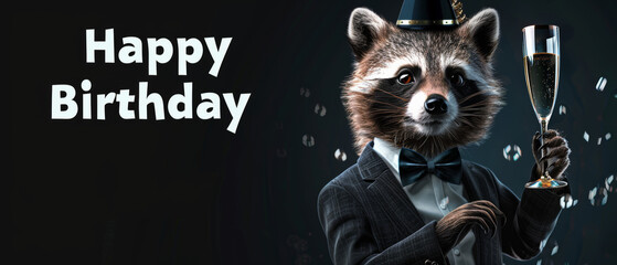 A refined raccoon in a top hat holding a glass of champagne he's high-class birthday scene with dark tones and confetti