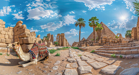 A camel is resting on the ground near ancient Egyptian pyramids, with a blue sky and white clouds, green palm trees, and stone steps leading to temples in the landscape of Egypt - obrazy, fototapety, plakaty
