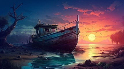 Fantasy scenery of the abandoned boat on the shore  - obrazy, fototapety, plakaty