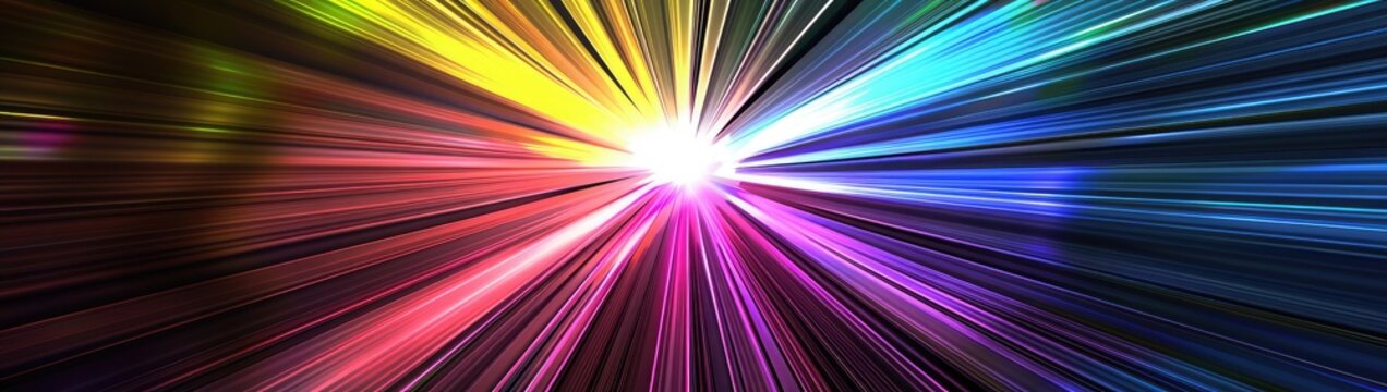Star burst dynamic lines or rays ,3d render abstract multicolor spectrum background bright orange blue neon rays and colorful glowing lines