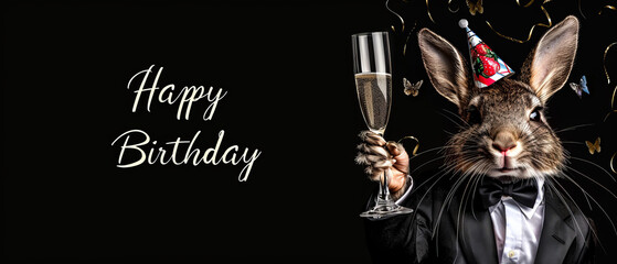 A rabbit dressed in a tuxedo and party hat holds a champagne flute, with cursive 'Happy Birthday' alongside - obrazy, fototapety, plakaty