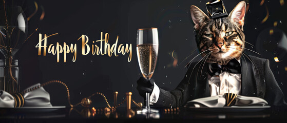 With 'Happy Birthday' text, an elegant cat in a bowler hat lifts a champagne flute among golden hues - obrazy, fototapety, plakaty