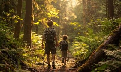 Kids taking a nature hike through a lush forest, exploring the beauty of the outdoors. The trail lead to a serene clearing, Generative AI