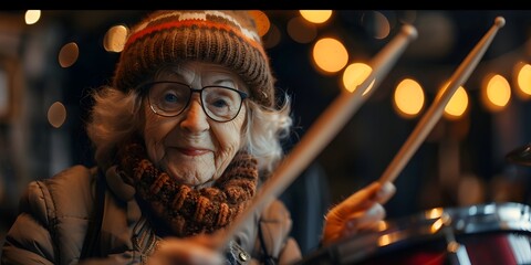 Energetic Senior Woman Drumming with Knitting Needles in Illuminated Night City Scene
